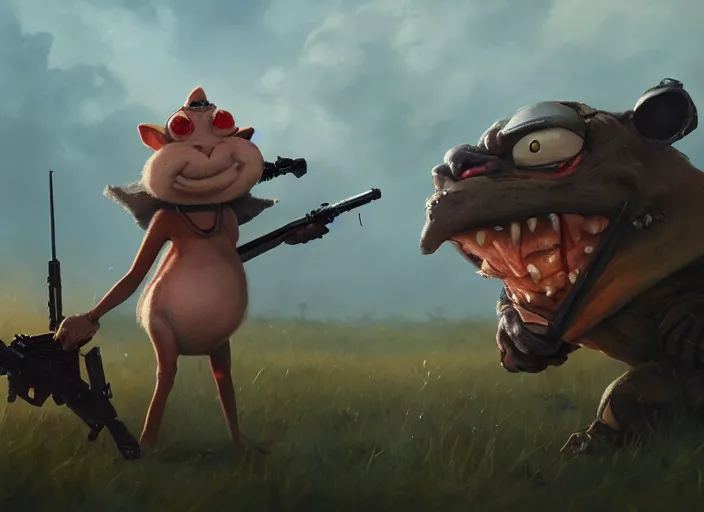 Prompt: close up cinematic artwork of an Ren and Stimpy staring down the enemy on the battlefield by Greg Rutkowski, 4k, masterpiece