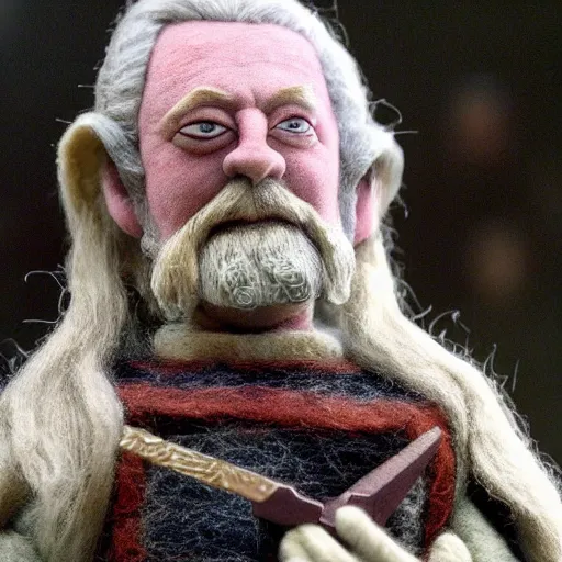 Prompt: needle felted king theoden from the return of the king (2003) giving a speech to the riders of rohan, highly detailed, dslr, tilt shift, eerie, hyperrealism, highly textured, god rays