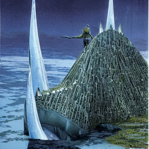 Prompt: 5 0 / 1 scale ominous shale and polished steel fortress half - submerged in the sipsey river, by michael whelan and by angus mcbride and by ted nasmith, ultra hd