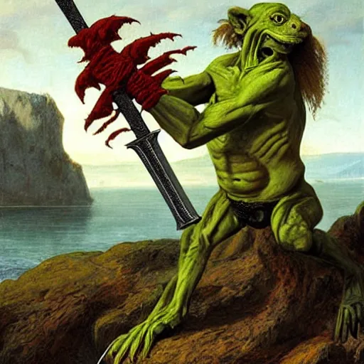 Image similar to dog - faced muscular goblin, ugly face, lizard tail, holding scimitar made of bone, scimitar, sword, jagged sword, curved sword, orkish sword, colorized, green skin, red sky, wasteland, hyper - detailed, primeval fantasy, prehistoric fantasy, art by jacques - louis david