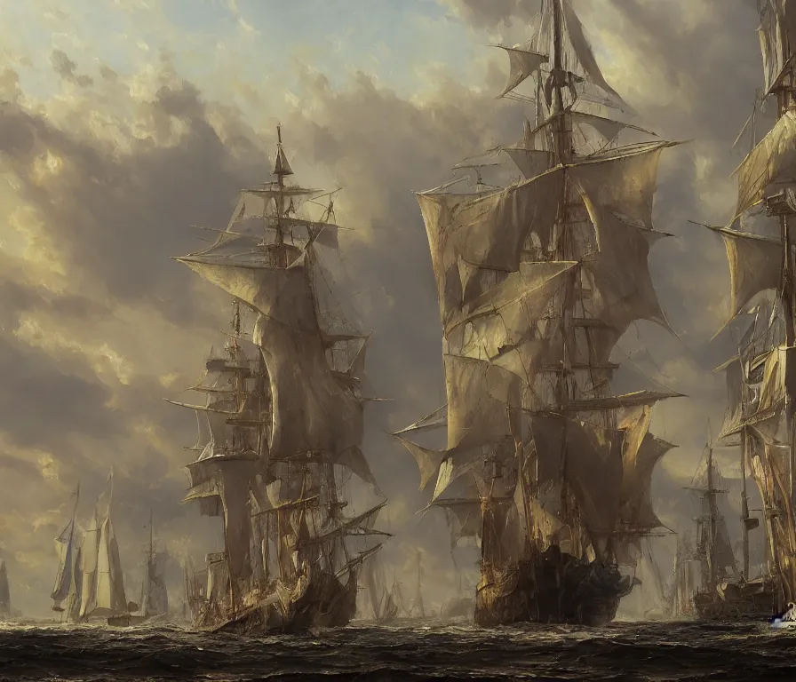 Prompt: a beautiful painting of a singular, monstrous sail ship anchored at harbor, by craig mullins, by federic edwin church, by brom, by ghibli, trending on artstation, masterpiece, hyper detailed, intricate, multiple angles, unreal engine, 4 k