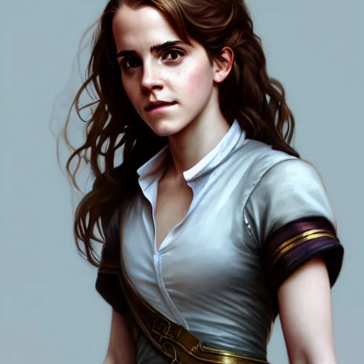 Image similar to Emma Watson as Hermione Granger. Happy. Cheerful. Western. Closeup. Fantasy. Intricate Elegant. Highly detailed. Digital painting. Artstation. Concept art. Matte. Sharp focus. Illustration. Art by Artgerm and Greg Rutkowski and Alphonse Mucha