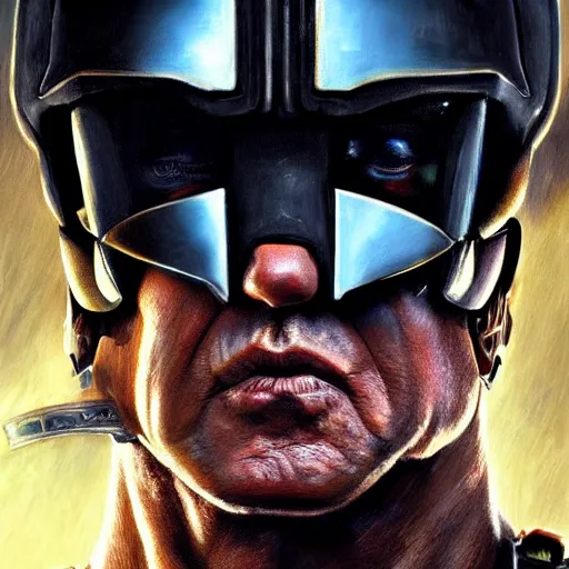 Prompt: Sylvester Stallone as Judge Dredd, artists portrait, fantasy, highly detailed, digital painting, concept art, sharp focus, depth of field blur, illustration, art by artgerm and greg rutkowski and alphonse mucha