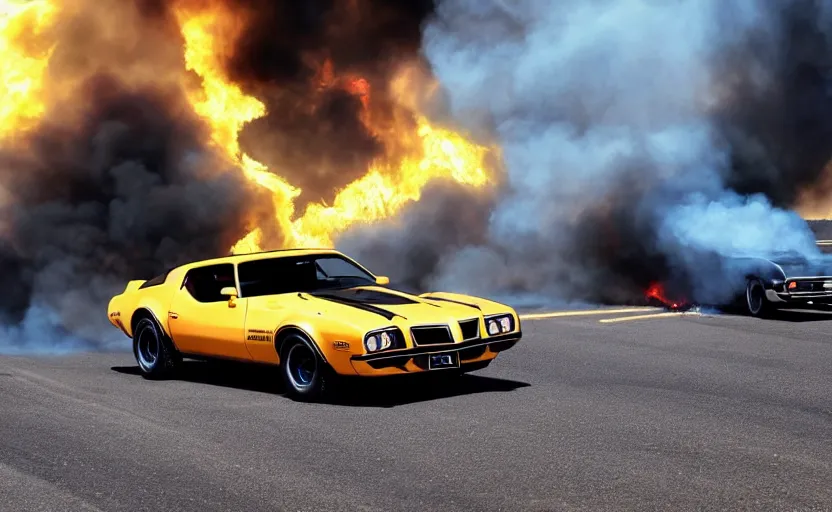 Image similar to a black 1 9 7 3 pontiac firebird trans am sd - 4 5 5 driving high speed, fire explosion in the background, action scen. realistic. dramatic