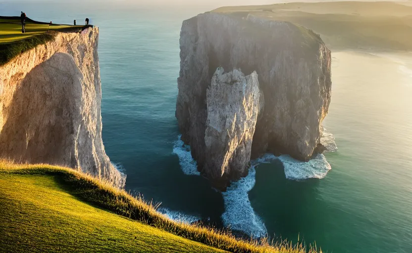 Prompt: a great photograph of the most amazing golf hole in the world, incredible light, cliffs by the sea, perfect green fairway, human perspective, ambient light, 5 0 mm, golf digest, top 1 0 0, fog