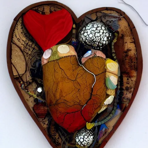 Prompt: human heart, anatomically correct, photocollage, pyrography, puppet, bejeweled, mixed media, frottage, happy accidents, in a symbolic and meaningful style