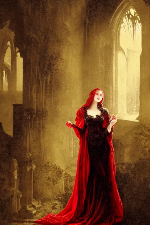 Prompt: baroque gothic woman wearing red silk and black lace, lit by a single candle, inside a ruined abbey, a crow watching, gustave dore, 4 k resolution, concept art, mist, autumnal, chiaroscuro,