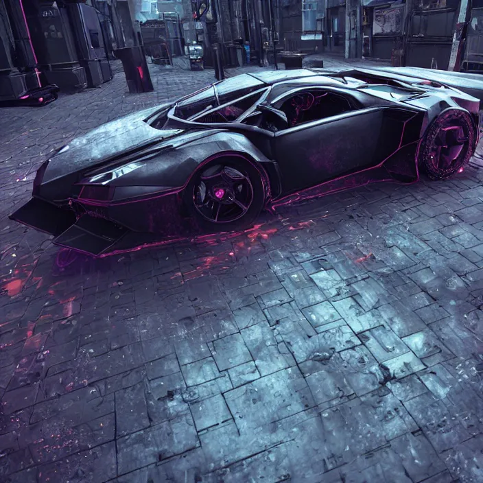 Image similar to dark cyberpunk car lamborgini counatch, in drak style cyberpunk city, by neill blomkamp director film, extreamly detailed, photorealism, photography, raytracing, 8 k, octane render, hyperrealism, perfect composition, art top in artstation, by chris labrooy, rendered in rtx, ssao, fxaa, unreal engine