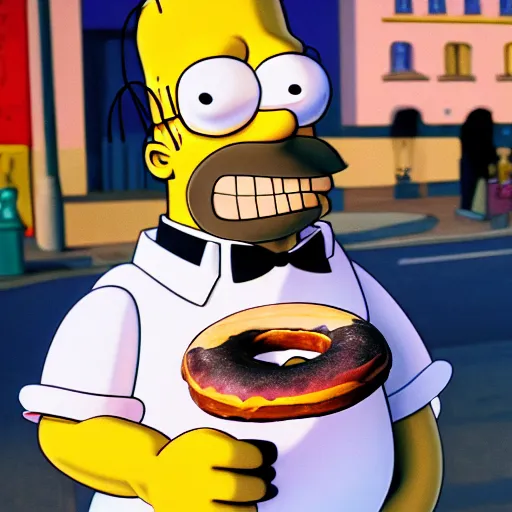 Prompt: Homer Simpson trying to steal a donut, XF IQ4, f/1.4, ISO 200, 1/160s, 8K, Sense of Depth, color and contrast corrected, Nvidia AI, Dolby Vision, in-frame