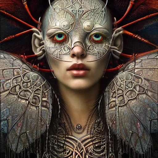 Prompt: beautiful closeup portrait of an art deco shaman, glowing eyes. reflective detailed textures, moth wings, highly detailed dark fantasy science fiction painting by tom bagshaw and michael whelan and diego rivera and annie swynnerton and jean delville, elaborate geometric ornament, ancient runes, silver and cool colors. artstation