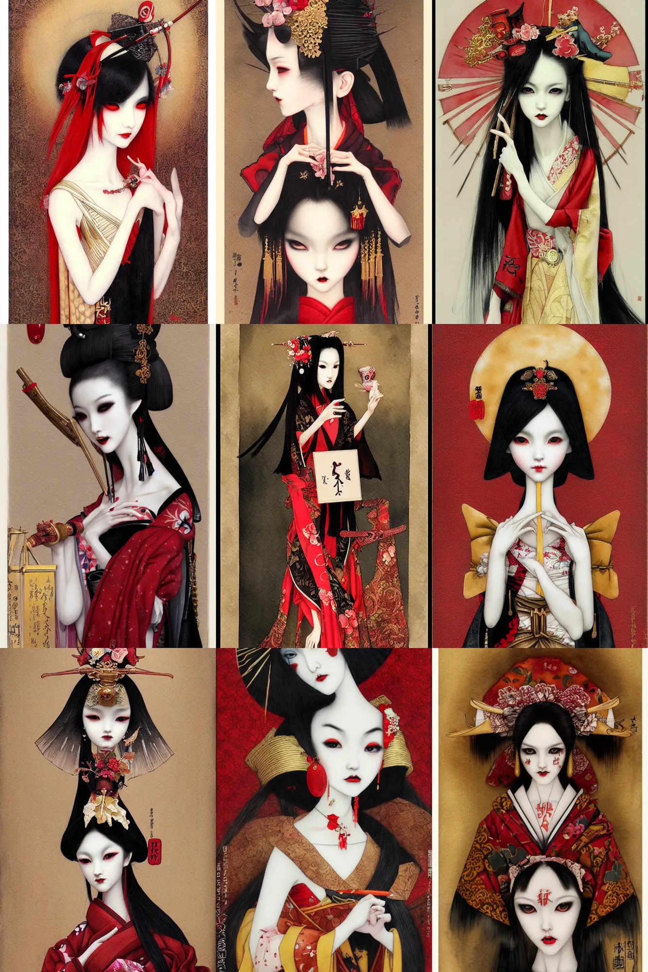 Prompt: watercolor painting of a japanese bjd geisha vampire with a long neck by tom bagshaw, ayami kojima, mark ryden in the style of thoth tarot card, dark - fantasy, red, gold black