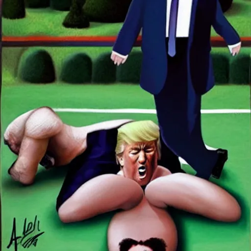 Image similar to donald trump wrestling michael jackson, photorealistic in the style of ansel adams