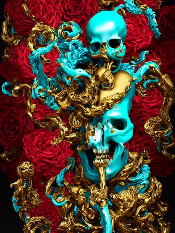 Prompt: a man with many big flowers birds baroque elements pipes bones in the form of a many liquid voxels. bubbling red wax, super hero pose, skull, flowers, baroque. intricate. Trending on artstation. octane render, cinematic, hyper realism, octane render, 8k, depth of field, bokeh. iridescent accents. vibrant. teal and gold and red colour scheme