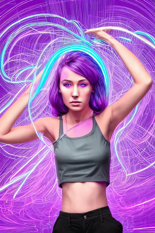 Image similar to a award winning half body portrait of a beautiful woman with stunning eyes in a croptop and cargo pants with ombre purple pink teal hairstyle and hands in pockets by thomas danthony, surrounded by whirling illuminated lines, outrun, vaporware, shaded flat illustration, digital art, trending on artstation, highly detailed, fine detail, intricate