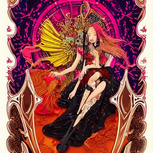 Image similar to jisoo + blackpink + elements + red + gold + neon + baroque + rococo + white + orange + ink + tarot card, ornate + by marc simonetti, paul pope, peter mohrbacher, detailed, intricate ink illustration + damask + award winning + 8 k