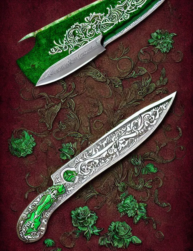 Image similar to ornate emerald butchery knife, fantasy illustration, medieval era, blank background, studio lighting, hand - drawn digital art