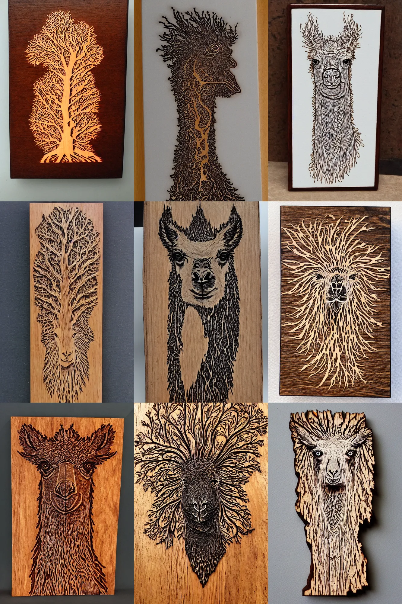 Image similar to fractal wood burning lichtenberg figure llama portrait