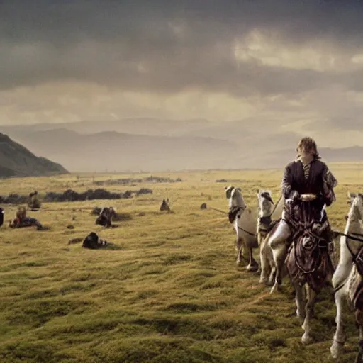 Image similar to still from lord of the rings showing the ride of the rohirrim, riding toward minas tirith on alpacas
