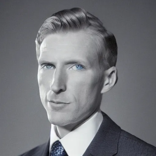 Image similar to full color photograph of an angelic ginger man in his 40s, greenish blue eyes, small nose, clean shaven, no wrinkles, tall, wearing a white shirt and elegant gray dress jacket, looking into the distance