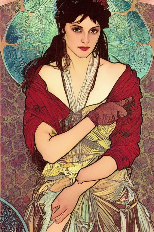 Image similar to portrait of monica belucci from the movie malena, artwork by alphonse mucha