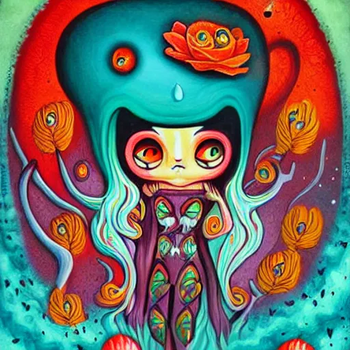 Image similar to macabre painting of the soft dive of oblivion by jeremiah ketner | horror themed | creepy