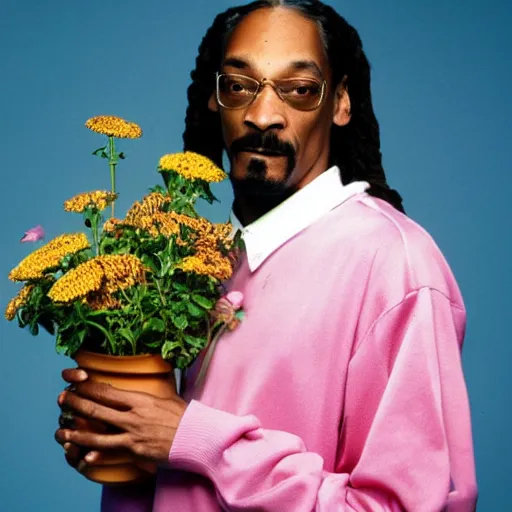 Image similar to Snoop Dogg angry while holding a Vase of flowers for a 1990s sitcom tv show, Studio Photograph, portrait, anger C 12.0