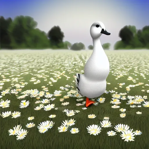 Prompt: A 3d render of a duck walking through a field of daisies, lots of little daisies, digital art