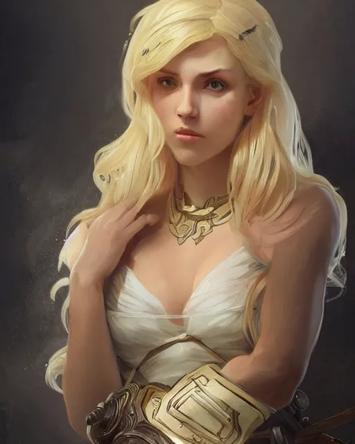 Image similar to '' Portrait of Beautiful blonde Slavic woman in her early 30’s, league of legends, LOL, fantasy, d&d, digital painting, artstation, concept art, sharp focus, illustration, art by greg rutkowski and alphonse mucha ''