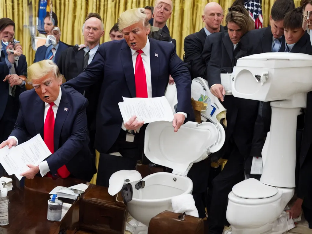 Prompt: photo of donald trump putting documents into toilet