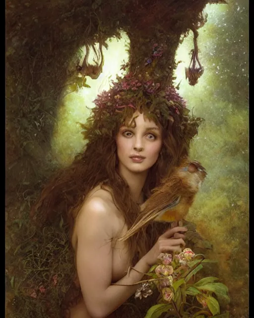 Image similar to dryad musician, portrait, with a feathered mouse friend, studio lighting by jessica rossier and brian froud and gaston bussiere