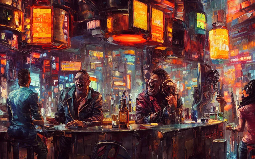 Prompt: highly detailed expressionist oil painting of cyberpunk bar full of people, close up man laughing, expressive, impasto, pastel shades, rough canvas textured, dynamic pose, top lighting, loose brush strokes, perfect face, hyper detailed face, digital painting, artstation, concept art, hyper detailed eyes, art by sam spratt and peter mohrbacher and james jean