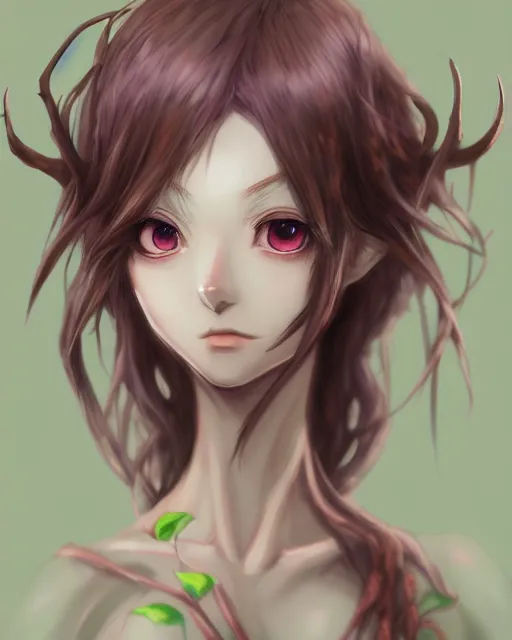 Image similar to character concept art of an anime dryad | | cute - fine - face, pretty face, realistic shaded perfect face, fine details by hyeyoung kim, trending on artstation