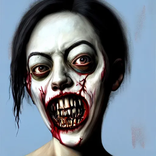 Image similar to color head portrait of aubrey plaza grinning as a zombie, 7 days to die zombie, gritty background, fine art, award winning, intricate, elegant, sharp focus, cinematic lighting, digital painting, 8 k concept art, art by michael hussar, art by brom, art by guweiz and z. w. gu, 8 k