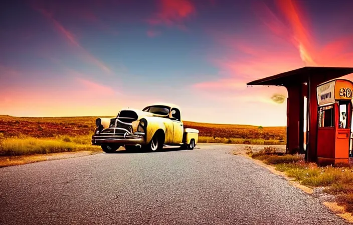 Image similar to A beautiful colorful evening scene of route66, old road with abandoned gas station and rusty old pickup truck, hyper realistic, blinding backlight evening sun, sparkling sun rays, epic scene, intense setting, evening vibe