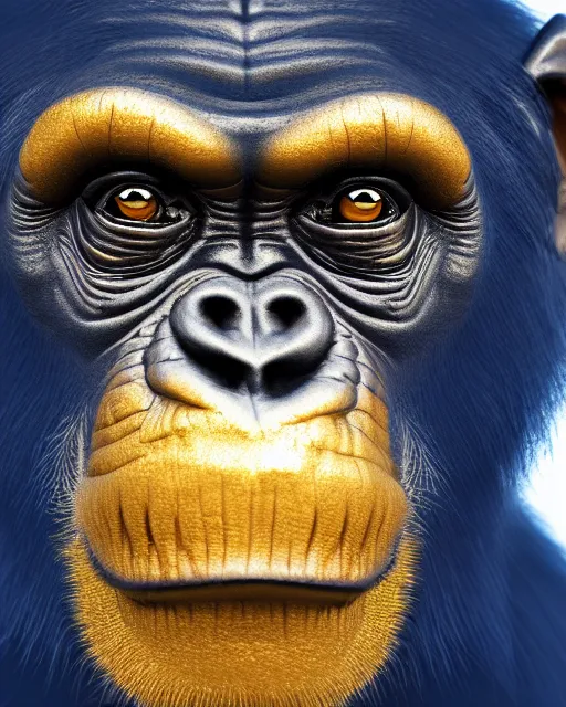 Image similar to gold, blue, illustration of a chimpanzee, 3 d, 8 k, extremely detailed, artstation