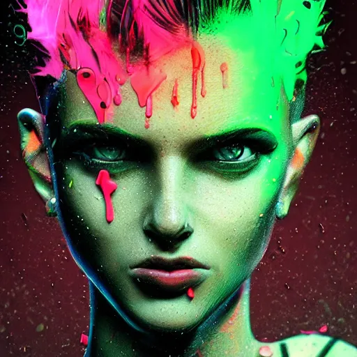 Prompt: splashes of neon, mowhawk, punk portrait made out of paint with rain in the background, trending on artstation, epic composition, emotional, beautiful, rendered in octane, highly detailed, realistic, tim burton comic book art, sharp focus, matte painting, unreal engine