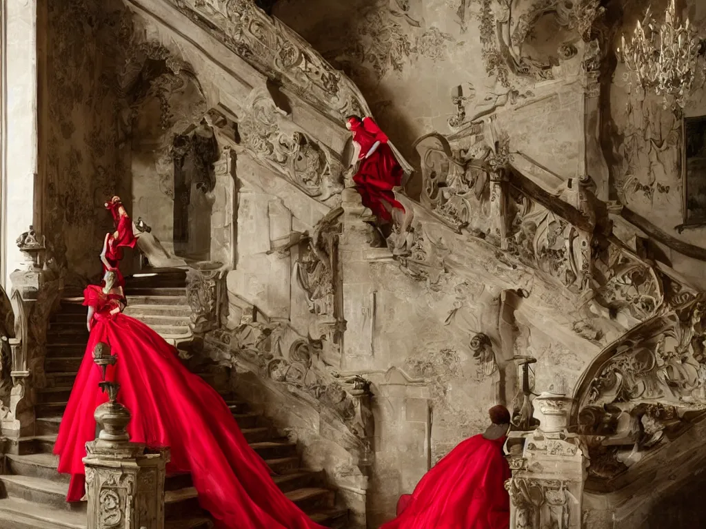 Prompt: An impressive castle entrance, a beautiful woman wearing a red dress, coming down the stairs, sided by two fierce Dobermans, art directed by Martin de Thurah and shot by Kasper Tuxen