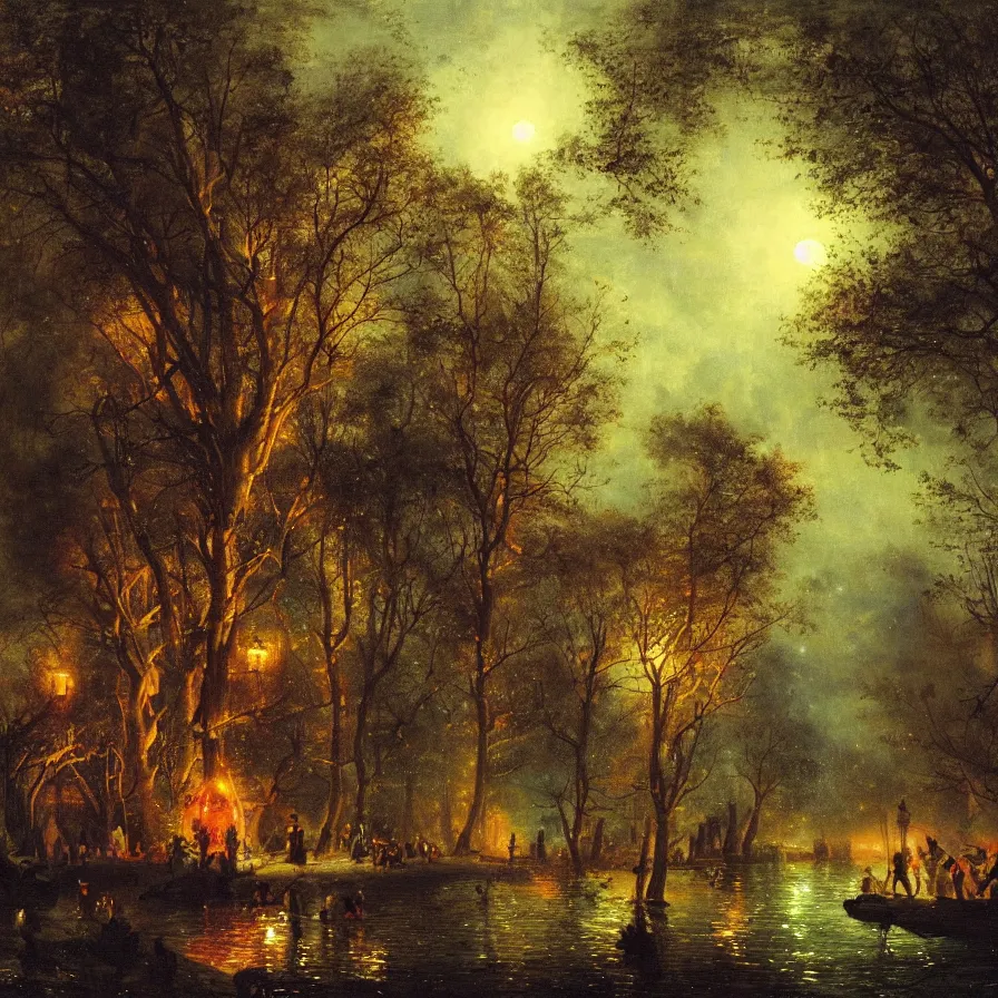 Prompt: a night carnival around a magical tree cavity, with a surreal orange moonlight and fireworks in the background, next to a lake with iridiscent water, christmas lights, volumetric lightning, folklore creatures and fantastic animals and people disguised as fantastic creatures in a magical forest by summer night, masterpieceunderwater scene, masterpiece painted by andreas achenbach, scene by night