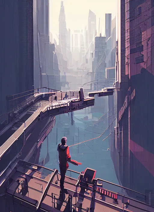 Image similar to gordon freeman standing on top of a bridge over a city, half - life 2 art by james gilleard, cgsociety, cityscape, 2 d, game art