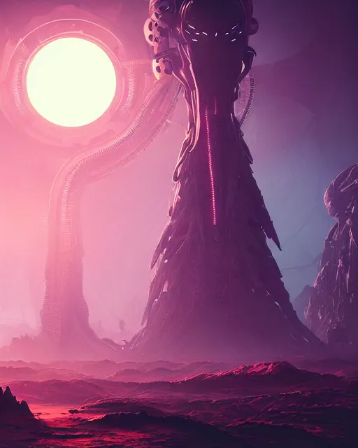 Prompt: spiral alien temple, beautiful landscape!!!, nier automata, protoss!!, machine planet, glass obelisks, mothership in the sky, pink sun, tropical forest, colorful light, advanced technology, cinematic lighting, mysterious, epic scale, highly detailed, masterpiece, art by bastien grivet and darwin cellis and jan urschel