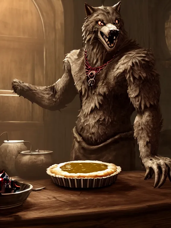 Image similar to cute handsome cuddly burly surly relaxed calm timid werewolf from van helsing sitting down at the breakfast table in the kitchen of a normal suburban home wearing a chefs apron having fun baking strawberry tart cakes unreal engine hyperreallistic render 8k character concept art masterpiece screenshot from the video game the Elder Scrolls V: Skyrim