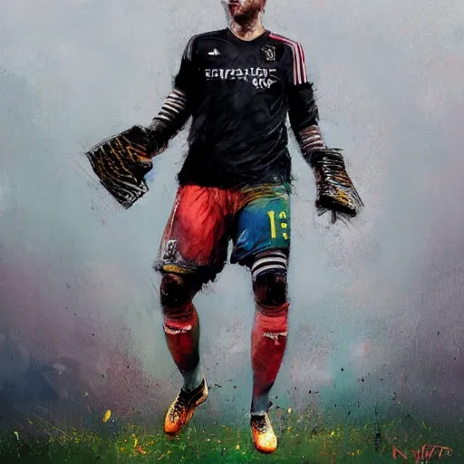 Prompt: A realistic hyperdetailed multi-colored digital oil full body portrait painting of a fat goal keeper saving a penalty, black jersey, short hair, in the style of Guy Denning, Ruan Jia, and Craig Mullins. Trending on ArtStation and DeviantArt. CGSociety Digital art.