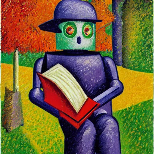 Prompt: A robot reading a book in a park, autumn, colorful, in the style of Umberto Boccioni