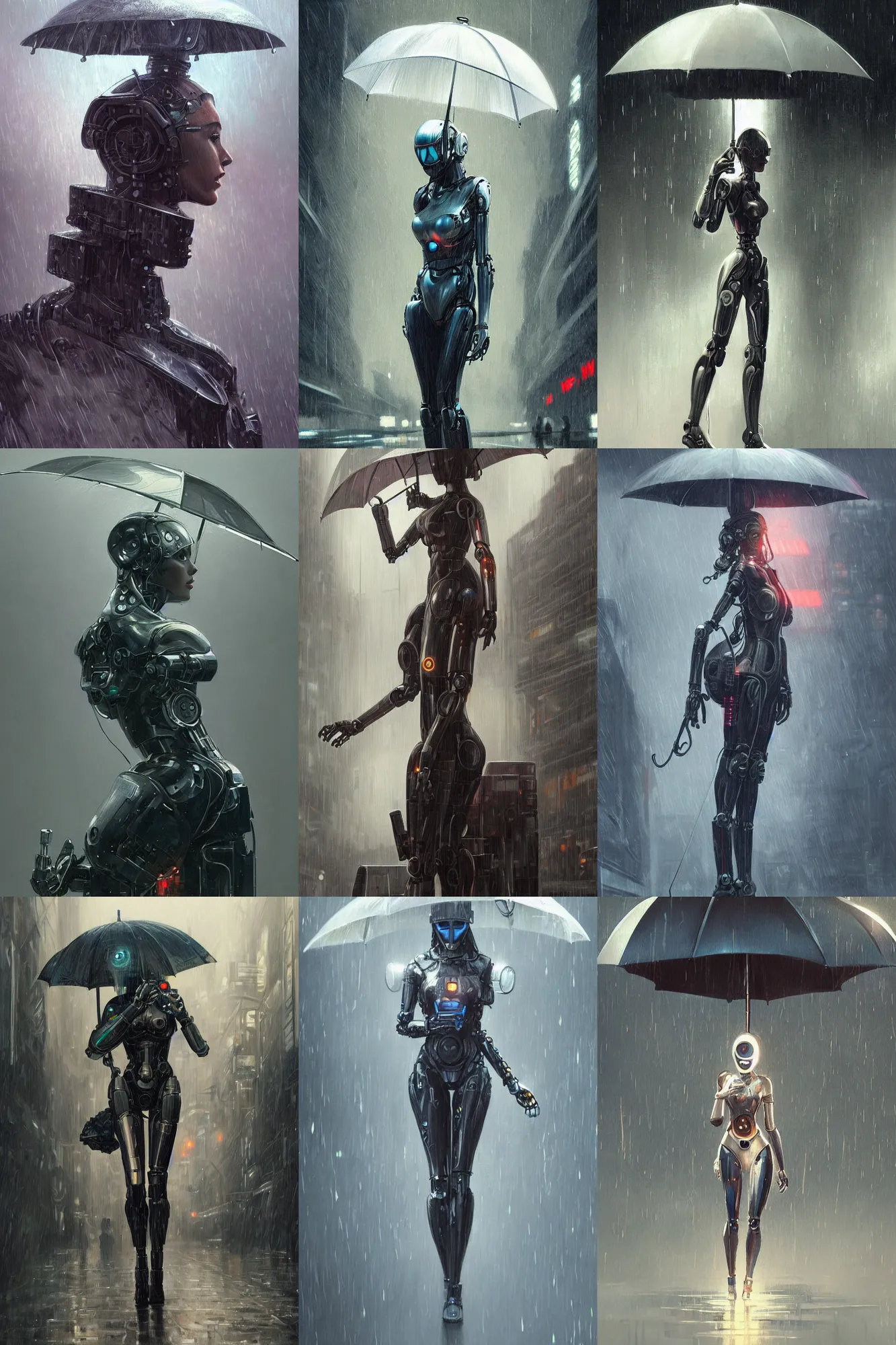 Prompt: Ultra realistic illustration, robot in the rain with an umbrella, cyberpunk, sci-fi, fantasy, intricate, elegant, highly detailed, digital painting, artstation, concept art, smooth, sharp focus, illustration, art by artgerm and greg rutkowski and alphonse mucha