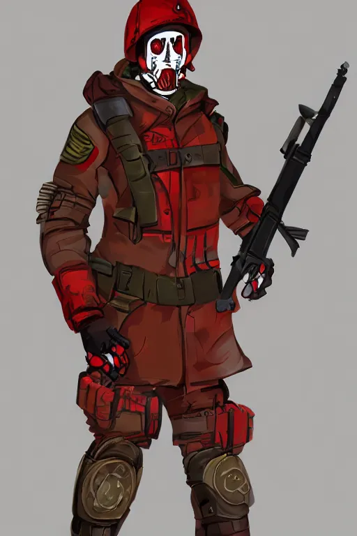 Prompt: post apocalypitc soldier, brown coat with red patches, red team, character concept art, digital art