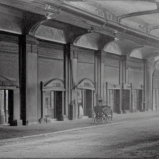 Prompt: daguerreotype, 1800 photography, Nineteenth-century railway station completely empty, realistic, high definition,