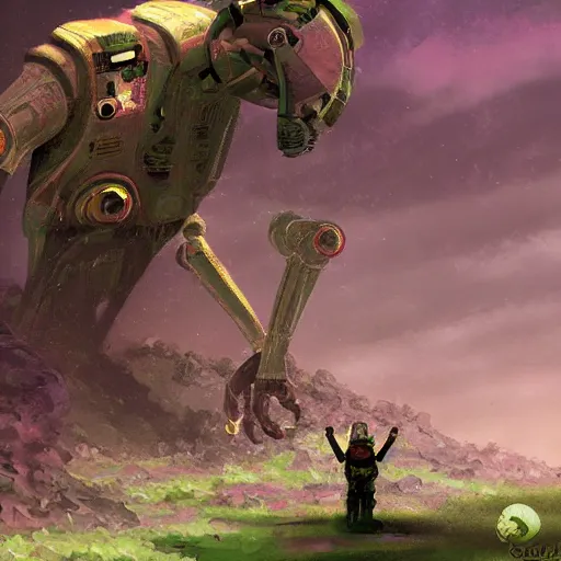 Prompt: sentinel robot picking up flower on alien planet, digital art, concept art