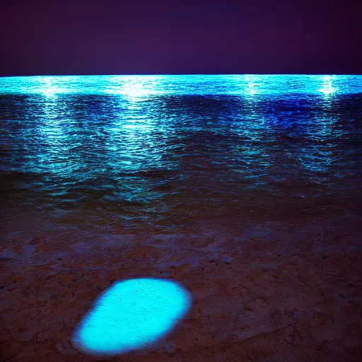 Prompt: bioluminescent, ocean, color field painting, light art, bokeh, wide angle, ultra - wide angle