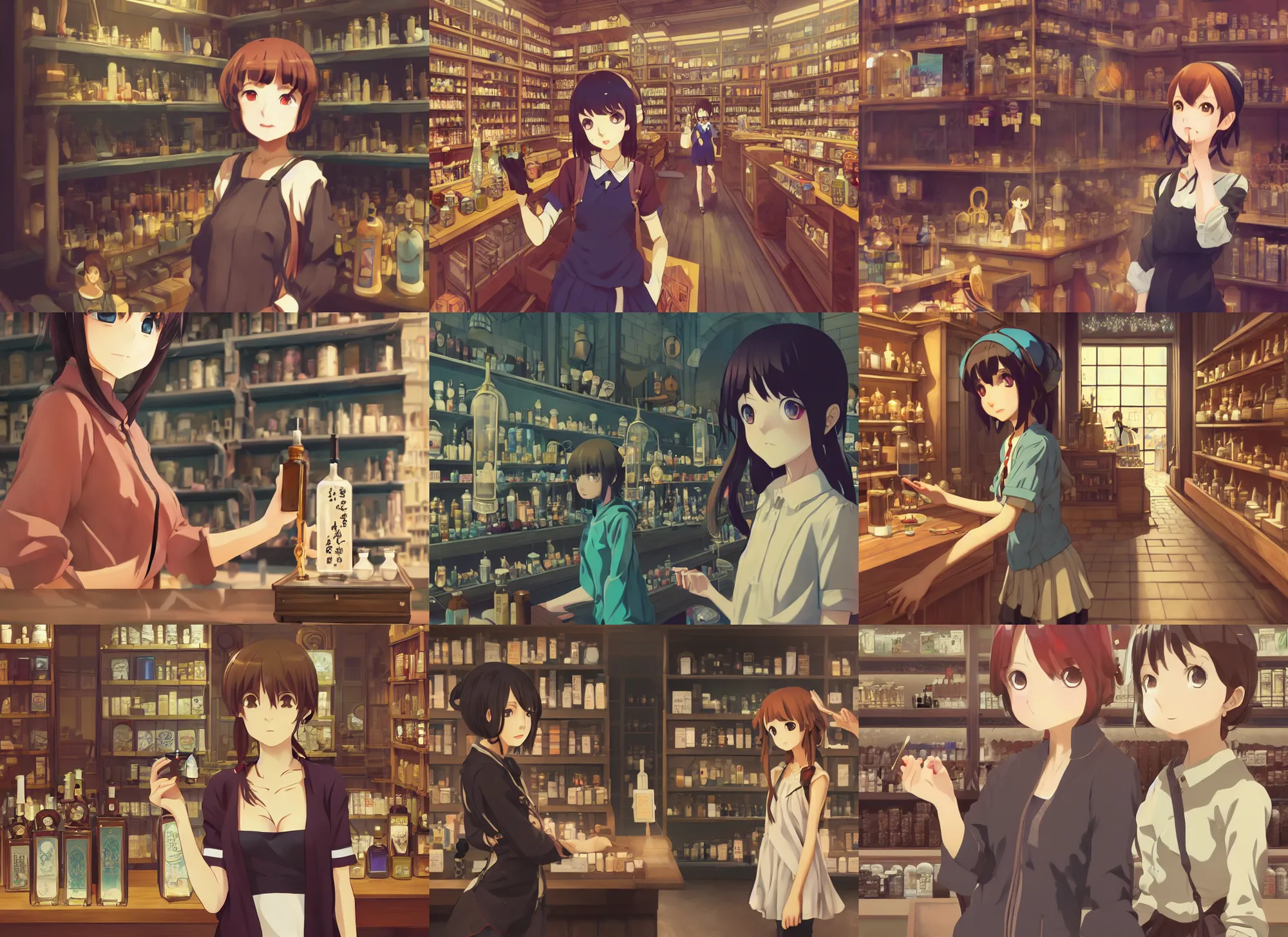 Prompt: anime frames, portrait of a young female traveler in a alchemist's potion shop interior shopping, cute face by ilya kuvshinov, makoto shinkai, dynamic perspective pose, rounded eyes, detailed facial features, lomography, hdr, yoh yoshinari