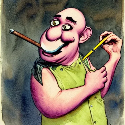 Image similar to a realistic and atmospheric watercolour fantasy character concept art portrait of mr. potato head with pink eyes wearing a wife beater and smoking a huge blunt by rebecca guay, michael kaluta, charles vess and jean moebius giraud